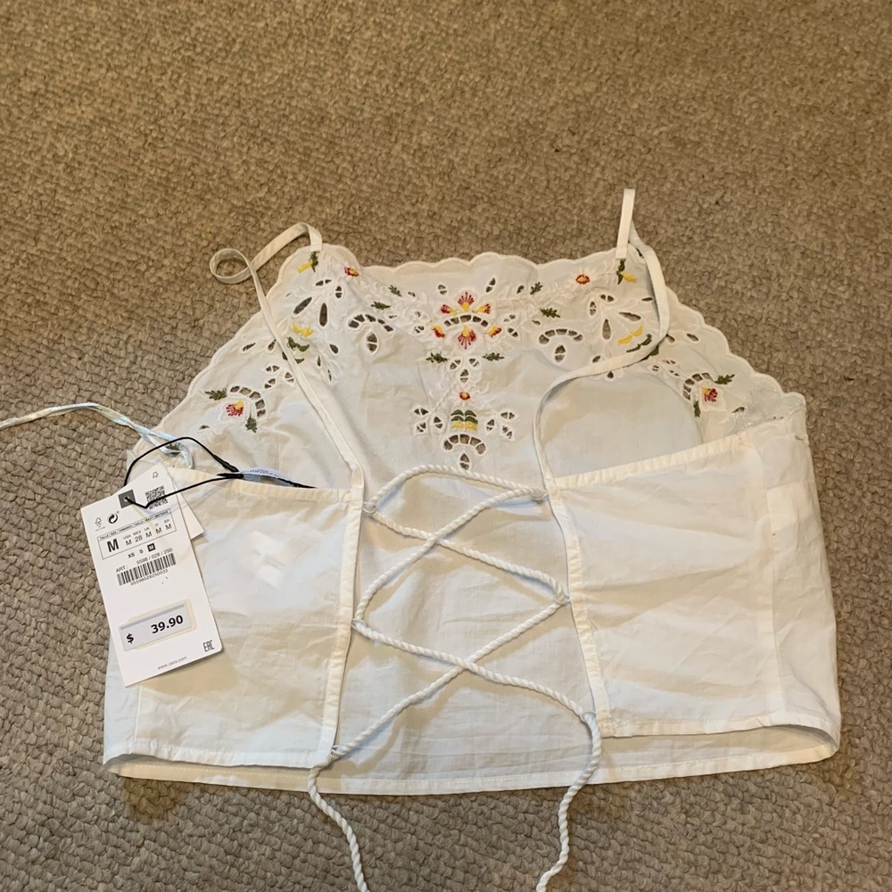 Zara White Embroidered Lace-Up Cropped Camisole